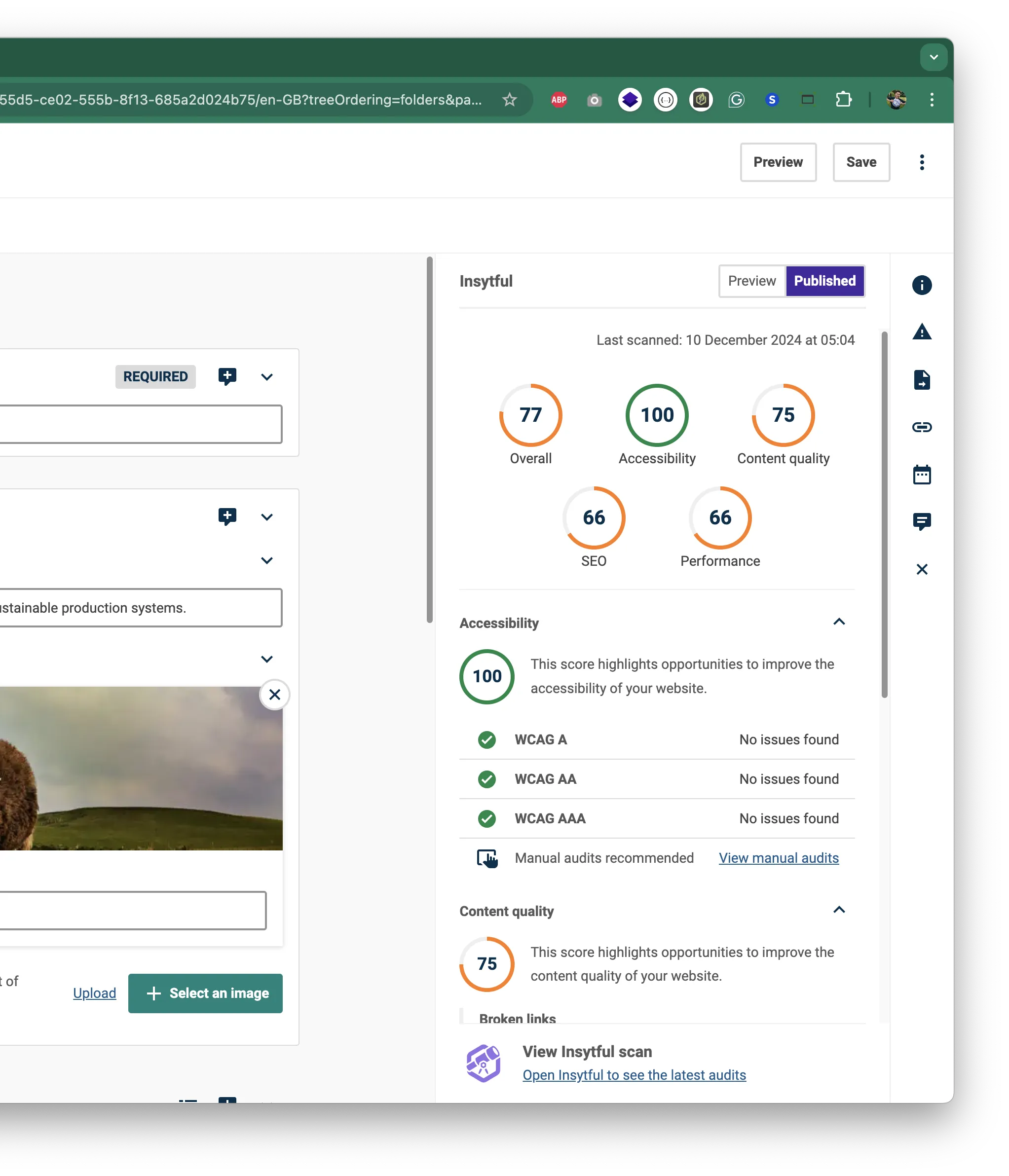 The new Insytful panel allows users to quickly check their pages for issues without needing to leave Contensis