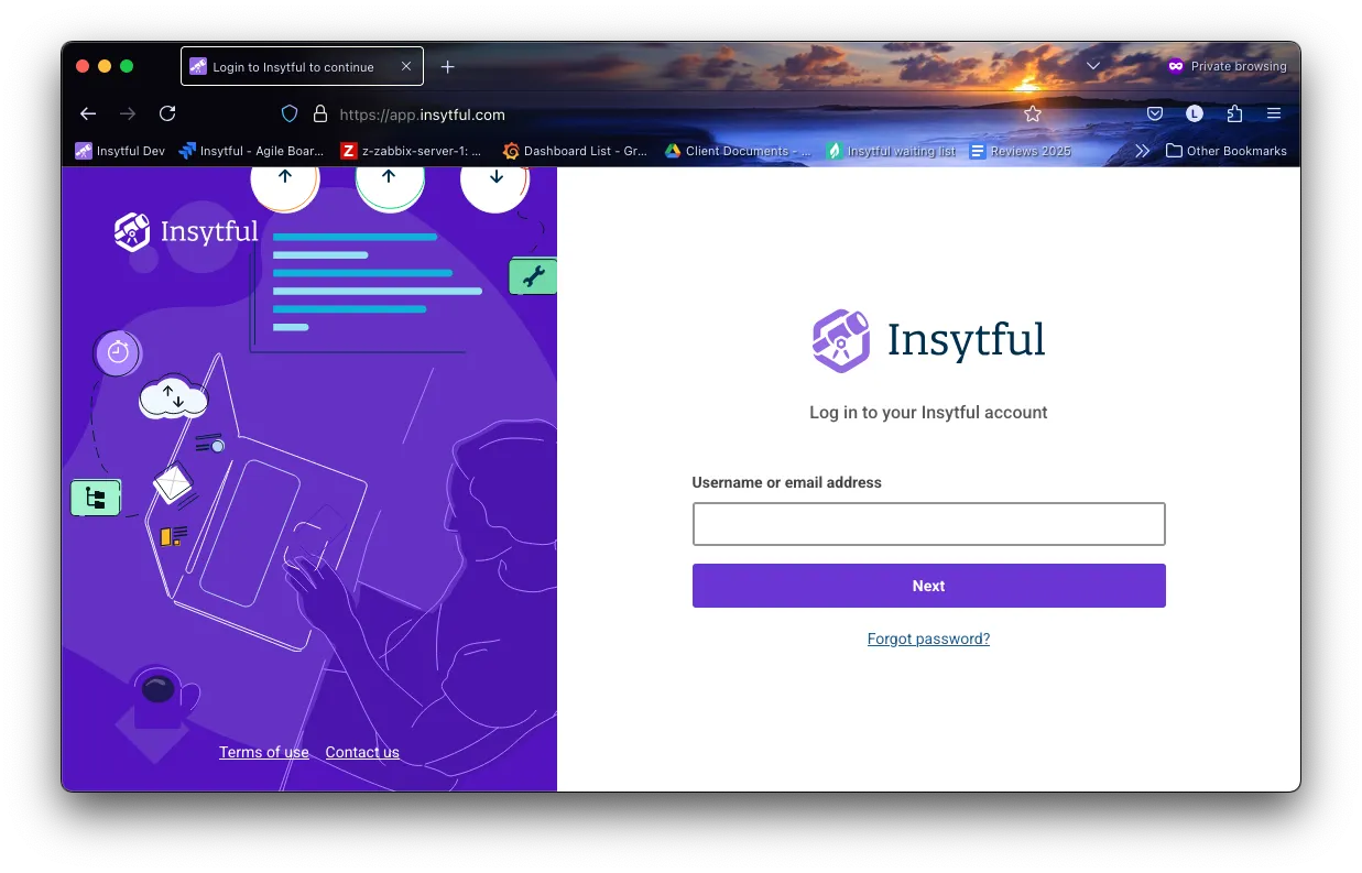 The updated login screen for Insytful, supporting SSO for enterprise clients.