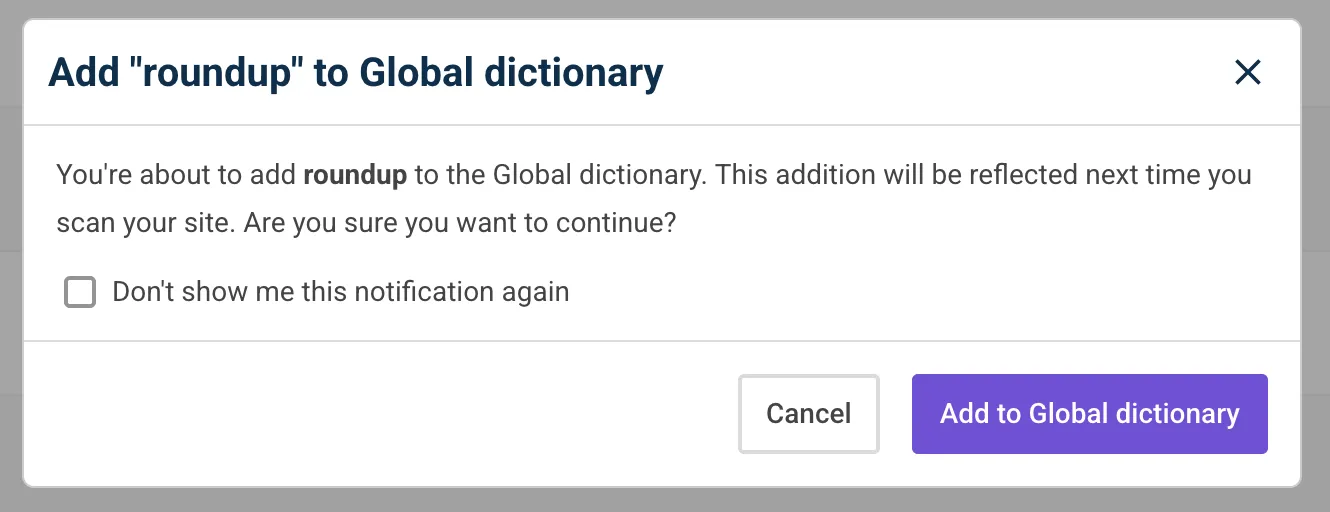 Screenshot of the modal that shows when adding words to the dictionary.