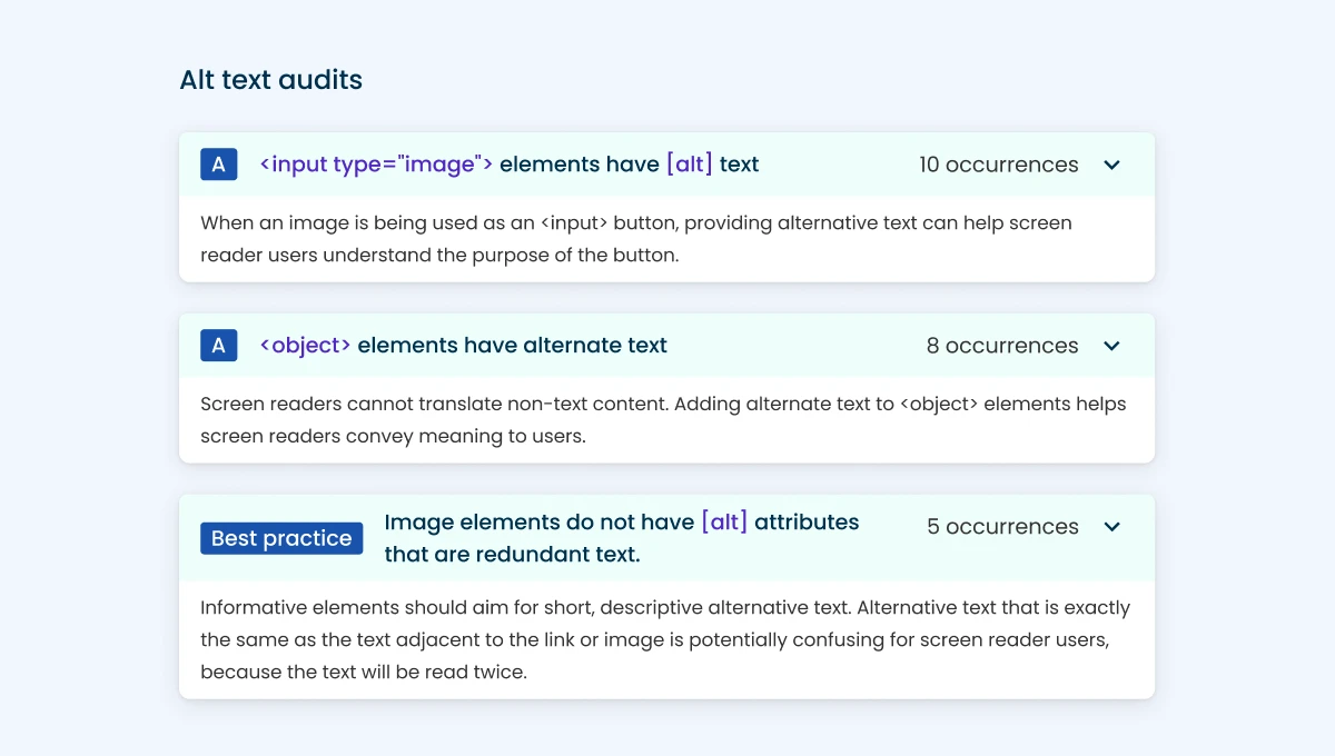 Alt text audits in Insytful. Audits find if image elements have alt text and objects have alt text.