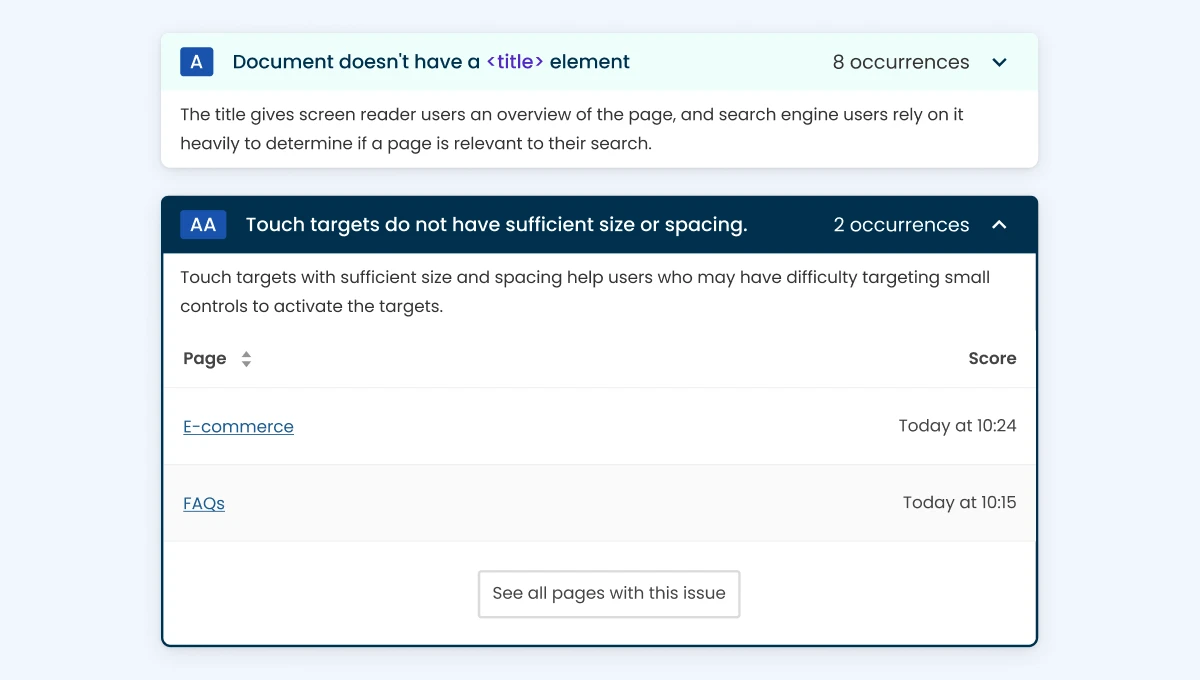 Failed accessibility checks in Insytful includes missing page titles in the document.