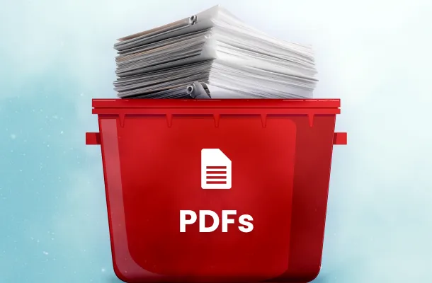 PDFs stacked up in a bin