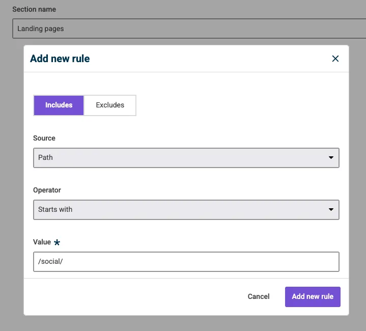 Adding a new section in Insytful uses rules, to include or exclude certain information. The rules are defined by path, operator and value.